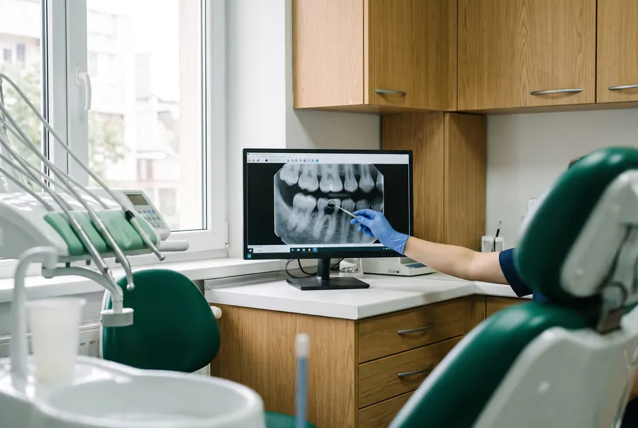 Radiografie dentară pe care medicul arată o carie, la The Good Clinic din Sector 2